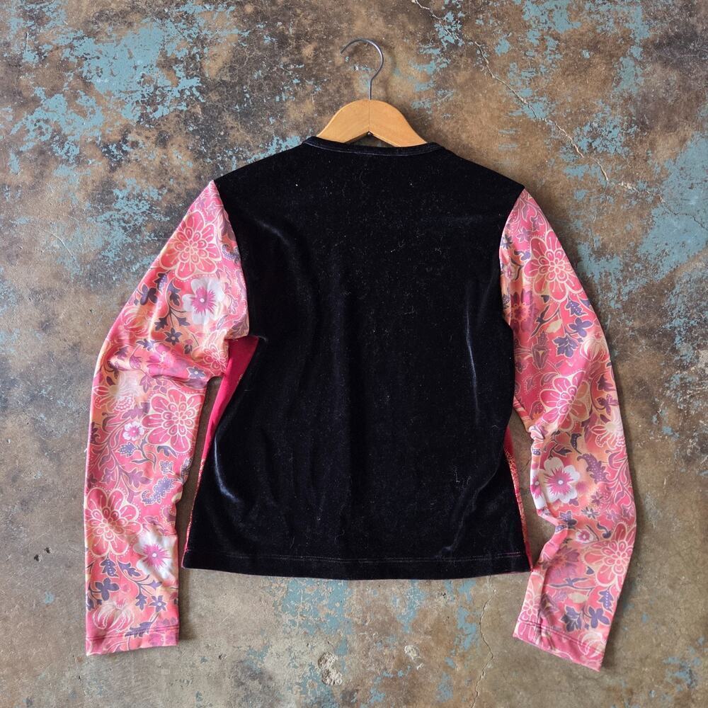 Vintage 90s Floral Print Top Size S Red Asian Inspired Velvet Back Long Sleeve - Picture 6 of 6